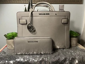Michael Kors Rayne Leather, Gray Satchel Bag W/ Matching Wallet Set. MK W/ Strap - Picture 1 of 20