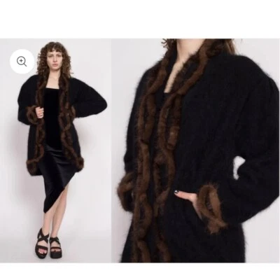 CACHE Angora Vintage Años 80 Chaqueta Negra Con Ribete Marrón Talla Única Foto 1 de 4