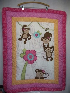 Monkey Baby Blanket Quilt Comforter Pink Orange Flowers Throw 34 x 43 Reversible - Picture 1 of 6