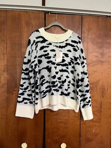 NWT Hem & Thread Tan Women Sweater Black Leopard Spots w Blue Comfy Stretch Sz M - Picture 1 of 5
