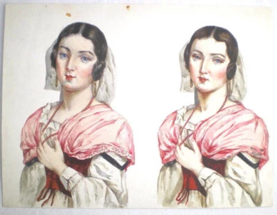 AQUARELLE 1900 DOUBLE ETUDE DE FEMME DE FACE - Photo 1/4