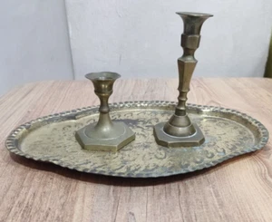 Antique Brass Candle Holder Set Candlestick Candleholder with Tray Engraved - Picture 1 of 6