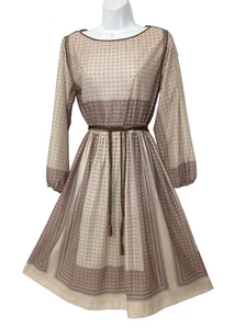 VINTAGE BEIGE & BROWN GEOMETRIC PRINT DRESS, BRAIDED PIPING & BELT, 10-12 - Picture 1 of 4