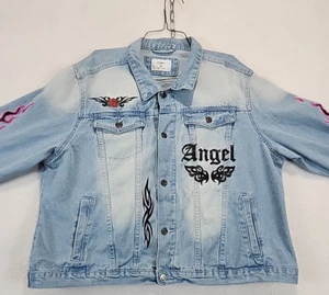 Rue 21 Women 2X Painted Jean Jacket Graffiti Graphic Print Y2K Retro Grunge Goth - Picture 1 of 14
