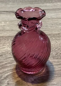 Handblown Cranberry Art Glass Swirl Vase w/ Clear Applied Swirl Rigaree Collar - Picture 1 of 5