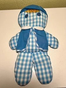 Muñeca Fisher Price Cholly vintage tela azul a cuadros con sonajero 419 1977 - Imagen 1 de 5