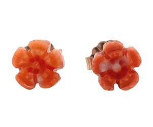 14k Rose Gold Carved Genuine Natural Coral Flower Stud Earrings (#J7350) - Picture 1 of 7