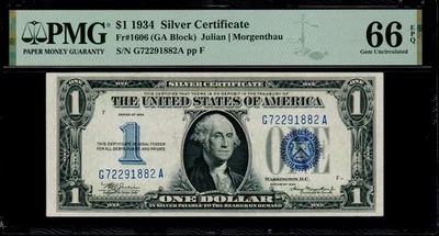 1934 $1 Silver Certificate GA Block PMG 66 EPQ Fr 1606 Gem Uncirculated G/A - Image 1 of 2