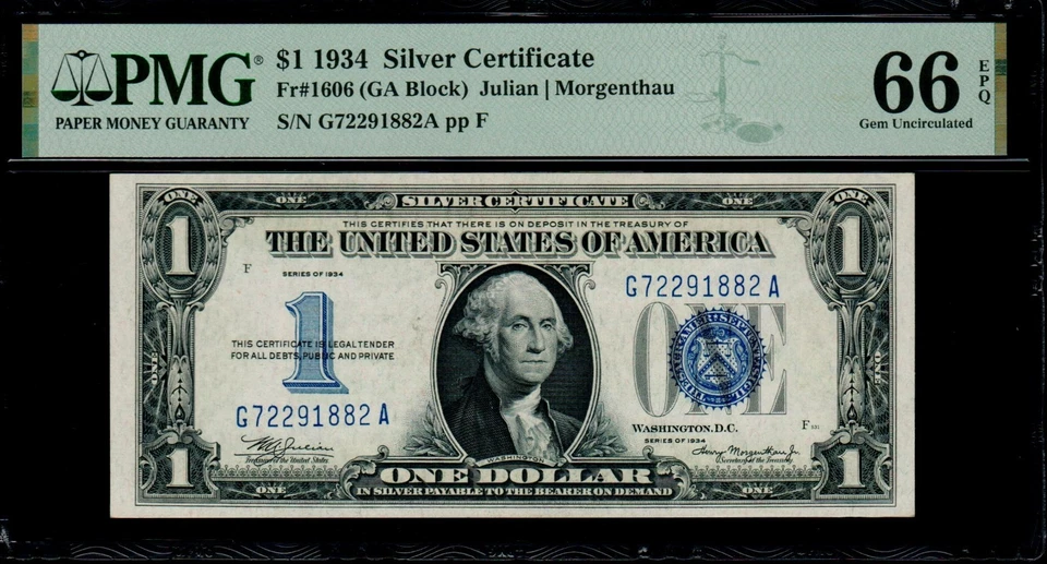 1934 $1 Silver Certificate GA Block PMG 66 EPQ Fr 1606 Gem Uncirculated G/A - Image 1 of 2
