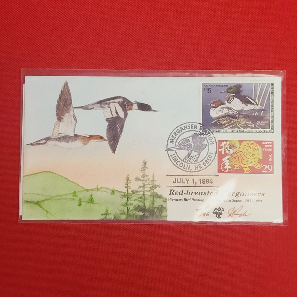 First Day of Issue Red Breasted Mergansers Stamp Cache Envelope Enclosure - Image 1 of 4