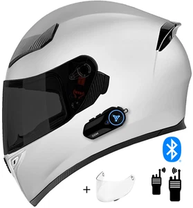 Casco blanco cara completa para motocicleta + auriculares intercomunicador Bluetooth + opciones de escudo - Imagen 1 de 15