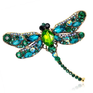 Gorgeous Golden Dragonfly Pin w Green, Blue & Oil Slick Rhinestones - Picture 1 of 2
