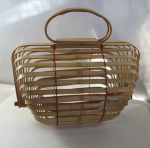 Vtg 1950's Japanese accordion Hand Crafted Folding Purse Bamboo Basket Handbag - Picture 1 of 10