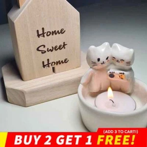 Couple Kitten Candle Holder Cat Aromatherapy Candlestick Desktop Home Ornaments - Picture 1 of 15