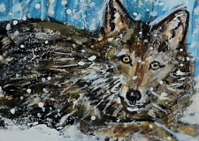 ORIGINAL ACEO Grey WOLF Painting Winter Snow Wild Dog Animal Tree Nature ART