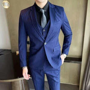 Striped Mens 3pcs Suit Blazers Vest Pants Wedding One Button Jacket Slim Fit New - Picture 1 of 30