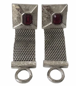 Vintage Fold Over Wrap Around Metal & Mesh Silver Tone Ruby Red Gem Cuff Links - Picture 1 of 6