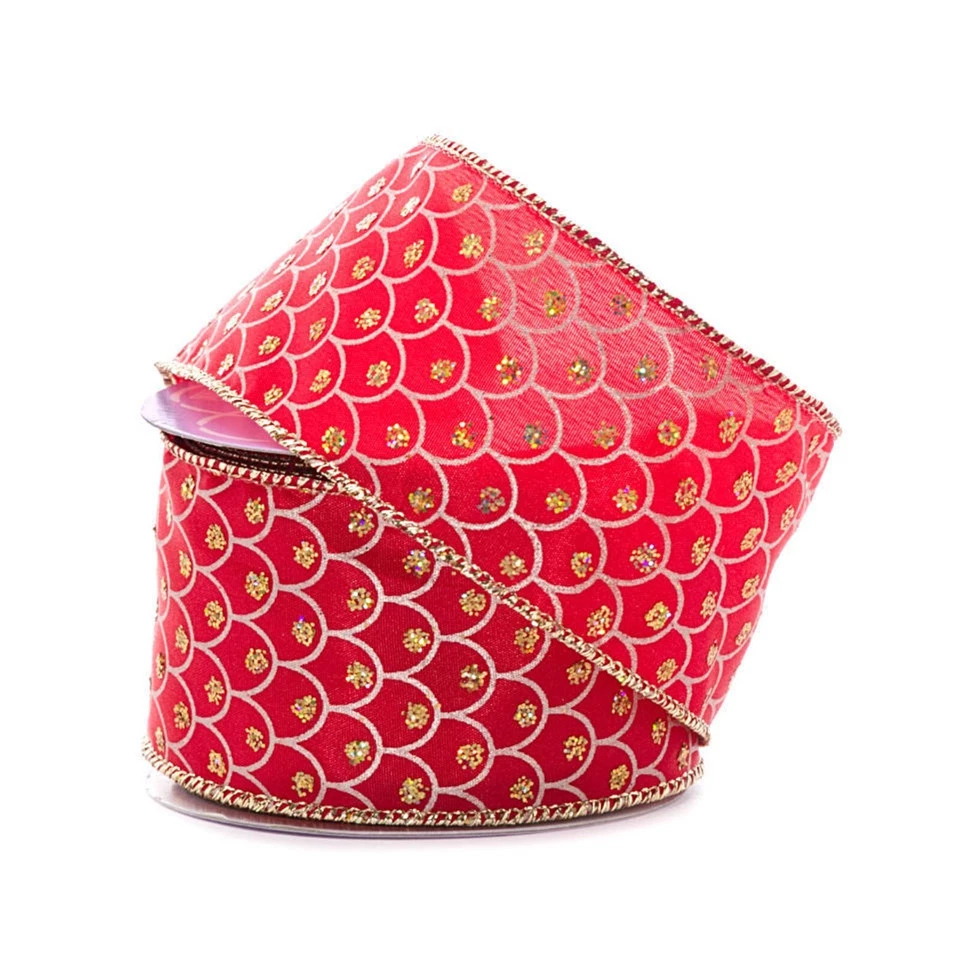 Fish Scale Satin Wired Ribbon - Red and Gold - 2 1/2in. x 10 Yards (pm56007202) - Image 1 of 1