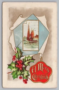Postcard A Merry Christmas Embossed Holly Berries Sailboat Unposted - Picture 1 of 2