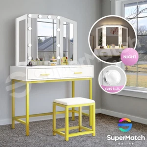 Dressing Table Set Stool LED Mirror Jewellery Cabinet Makeup Organizer White - Picture 1 of 12