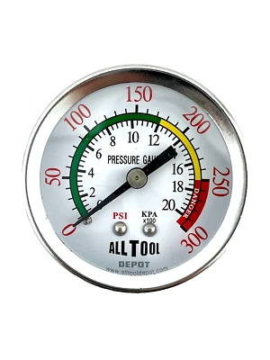 Air Pressure Gauge 2" Dial Center Back Mount 1/4"NPT - 0 to 300PSI Color Coded - Image 1 of 4