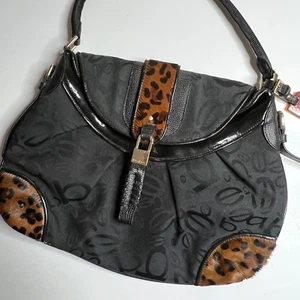 bebe Shoulder Handbag Purse Black Faux Leopard Fur Trim Signature Print Mint - Picture 1 of 11