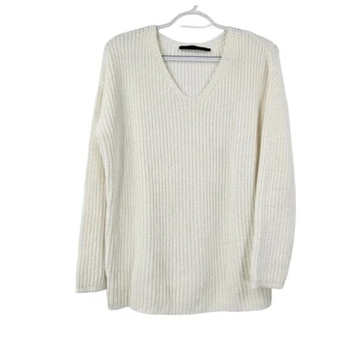 Suéter Jenni Kayne Blanco Acanalado Tejido Gran Tamaño Cuello en V Manga Larga Pullover Talla XS  Foto 1 de 4
