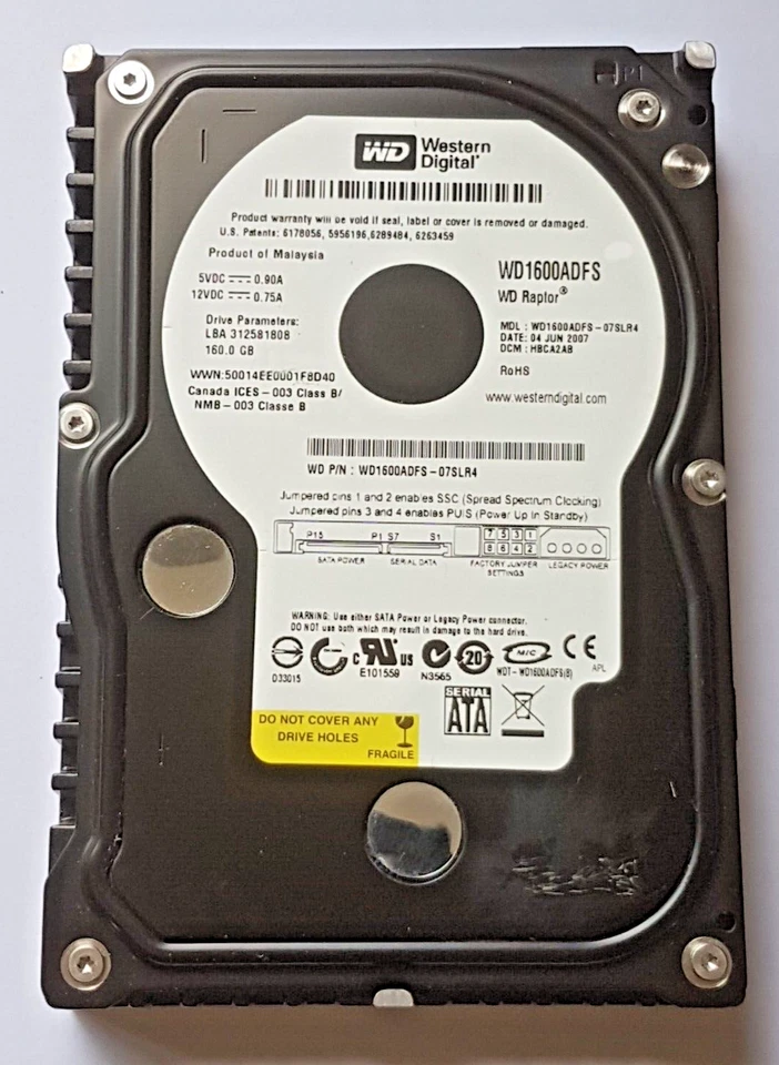160 GB SATA Western Digital Raptor WD1600ADFS-07SLR4 10K 16MB 3,5 " Hard Drive - Image 1 of 1