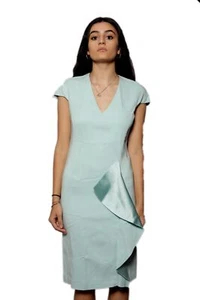 Versace V-Neck Knee-Length Dress Satin Ruffle Light Blue Sz 46 - Picture 1 of 11