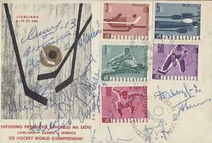 1966 FDC Firmato da 15 Partecipanti CAMPIONATO MONDIALE DI HOCKEY SU GHIACCIO Jugoslavia - Foto 1 di 2