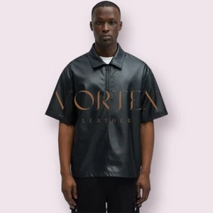 Camisa causal de cuero negra para hombre Camisa de cuero genuino de piel de cordero Camisa ajustada - Imagen 1 de 5