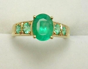 Colombian Emerald Oval Shape-Round 1.79 Cts Ring 18K Gold Ring Size 7.5 MuzoMine - Picture 1 of 12