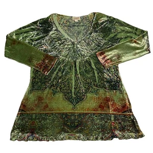 One World Womens Forest Fairy Velvet Velour Top Sz L Artsy Boho V-Neck Stretch - Picture 1 of 22
