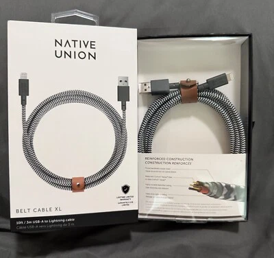 NATIVE UNION GREY BELT CABLE XL 10ft USB-A NEW - Image 1 of 3