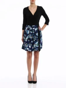 Diane Von Furstenberg Sz 12 L Black Navy Mikado Floral Jewel Wrap Dress Silk DVF - Picture 1 of 14