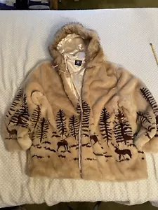VTG NORTHERN LIFESTYLES CANADA Brown Faux Fur Women’s Coat XL Deer Pines Scene - Picture 1 of 18