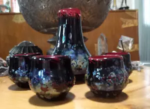 2005 signed Amy Nowell art glass Wabi Sabi saki bottle, 4 cups - Picture 1 of 12