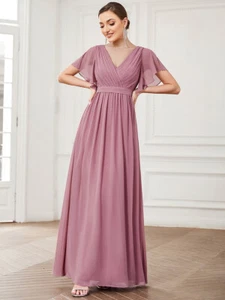 Women's A-Line Pleated Chiffon Tie-Waist Evening Dress - Picture 1 of 48