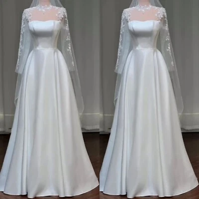 Satin Elegant Wedding Dresses Long Lace Sleeves A Line Vintage Bridal Gowns - Image 1 of 4