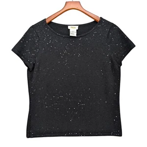 Vtg Talbots Merino Wool Top Womens Black Sequin Short Sleeve Pullover Size L - Picture 1 of 7