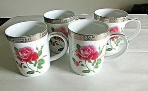 4 Beautiful Royal Gallery Platinum Buffet Roses and Silver Trim Mugs 2001 - Picture 1 of 6