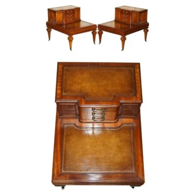 EXQUISITE PAIR OF FULLY RESTORED BROWN LEATHER SIDE END BOOK TABLES WITH DRAWERS - Image 1 of 4