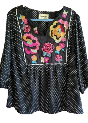 Top Savanna Jane para mujer 2X bordado floral fluido boho campesino país hippie Foto 1 de 4