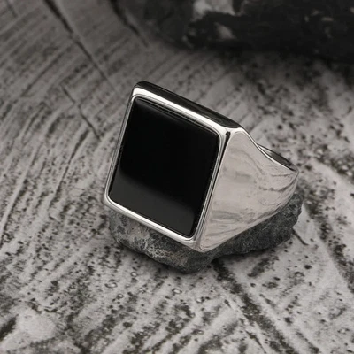 Кольцо из нержавеющей стали серебристого цвета квадратной формы черный оникс камень для мужчин - Изображение 1 из 4