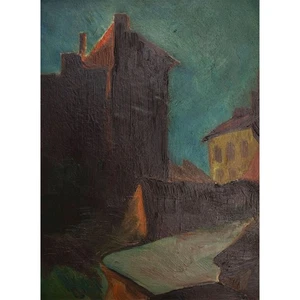 Stadthäuser stadt Stadtansicht unsigniert gerahmt Öl auf Hartfaser 20 Jhd - Picture 1 of 3