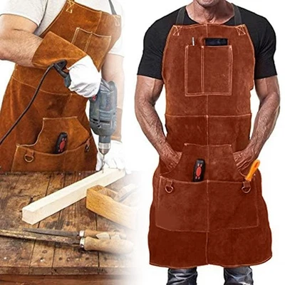 Leather Welding Apron With 6 Pockets Heavy Duty For Welding Heat And Flame Use - image 1 of 4