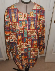 COTTONALITY WOMENS LONG SLEEVE SCRUBS XL TABBY CAT COUNTRY PRINT - Picture 1 of 4