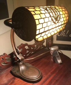 ANTIQUE ARTS & CRAFTS HANDEL LAMP, BRONZE & SLAG GLASS,c.1915, MINT - Picture 1 of 7