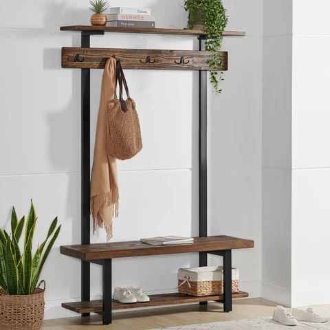 Bench Coat Rack Hall Tree Entryway Hooks Storage Shoe Shelf Stand Brown Cover