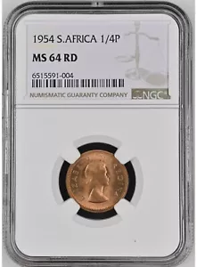 SOUTH AFRICA 1/4d 1954, Fathing, NGC MS 64 RD, Choice UNC / BU, Full Red. E2 - Picture 1 of 2